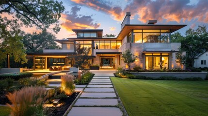 Fototapeta premium A large, beautiful, modern house covered with grass, with a beautiful surrounding atmosphere.