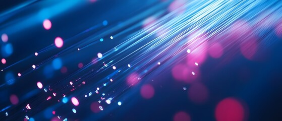 Obraz premium Intricate fiber optic telecommunication network with vibrant glowing data pulses transmitting through glass fibers showcasing the energy and technology of high speed digital communication networks