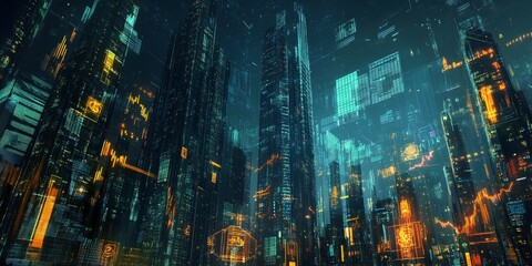 Fototapeta premium A futuristic cityscape with towering skyscrapers adorned with holographic financial charts 