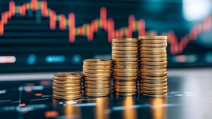 Stacks of coins symbolize financial growth and investment success against a backdrop of rising stock market trends.