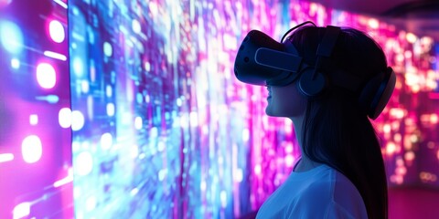 An engaging virtual reality experience with users wearing VR headsets interacting with a vibrant, digital environment, demonstrating the immersive potential of augmented reality