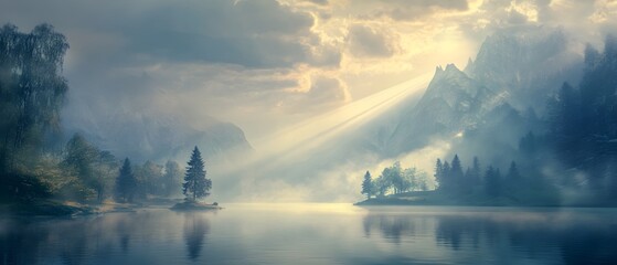 Mystical mountain retreat with a tranquil lake reflecting the ethereal sky ancient trees draped in wisps of mist and glowing rays of sunlight piercing the atmospheric haze