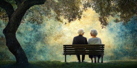 A serene portrait of an elderly couple sitting on a park bench, holding hands and enjoying a peaceful moment together, reflecting a lifetime of companionship and love