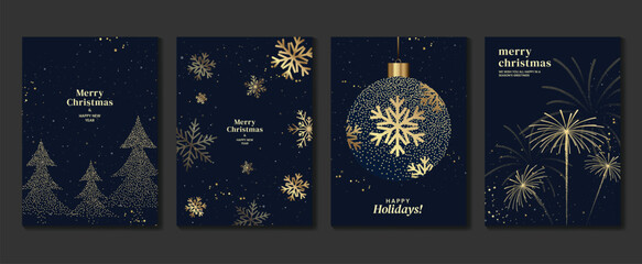 Luxury christmas invitation card art deco design vector. Christmas tree, bauble ball, pine tree, snowflake, firework on blue background. Design illustration for poster, wallpaper, greeting card.