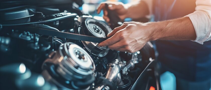 Close up of a skilled mechanic s hands carefully checking and inspecting a car s drive belts