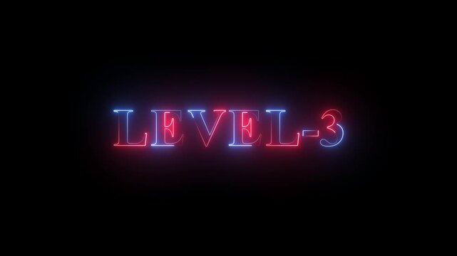 Level -3 text font with neon light. Luminous and shimmering haze inside the letters of the text Level-1.