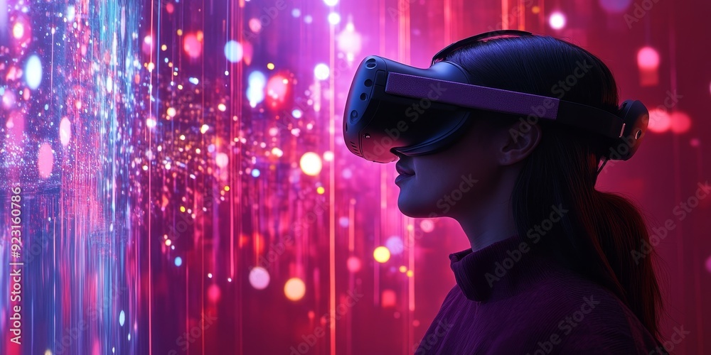 Poster an engaging virtual reality experience with users wearing vr headsets interacting with a vibrant, di