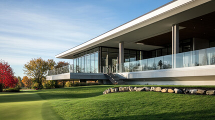 Naklejka premium Modern cozy house with deck and stainless steel rails, green grassland