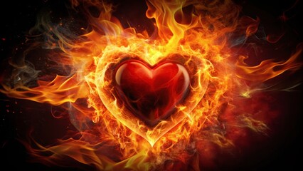Vibrant flames engulf a glowing red heart, surrounded by darkness, symbolizing intense passion, longing, or fiery devotion, with a sense of urgency and overwhelming emotion.