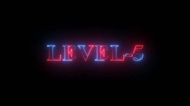 Level -5 text font with neon light. Luminous and shimmering haze inside the letters of the text Level-1.