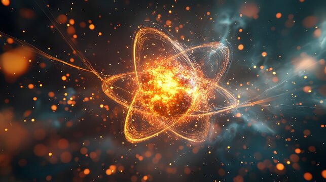 Dramatic and vivid depiction of the nuclear fission process illustrating the atomic splitting action with particles scattering and intense energy release in a luminous glowing and radiant display