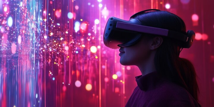 An engaging virtual reality experience with users wearing VR headsets interacting with a vibrant, digital environment, demonstrating the immersive potential of augmented reality