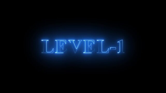 Level -1 text font with neon light. Luminous and shimmering haze inside the letters of the text Level-1.