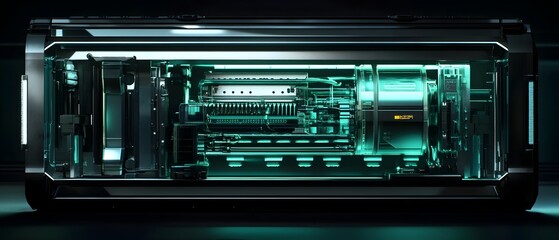 Cyberpunk Inspired Power Cell with Intricate Internal Circuitry Sleek Metal Casing and Glowing Energy Conduits   A Cutting Edge Thermal Management System in a Retrofuturistic Industrial Design