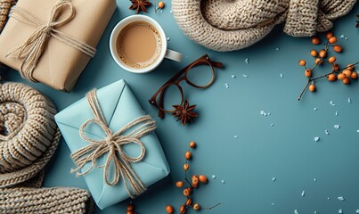Naklejka premium festive flat lay composition with coffee gifts glasses,tie on blue backdrop perfect for fatherrs day promotions,morning vibes.