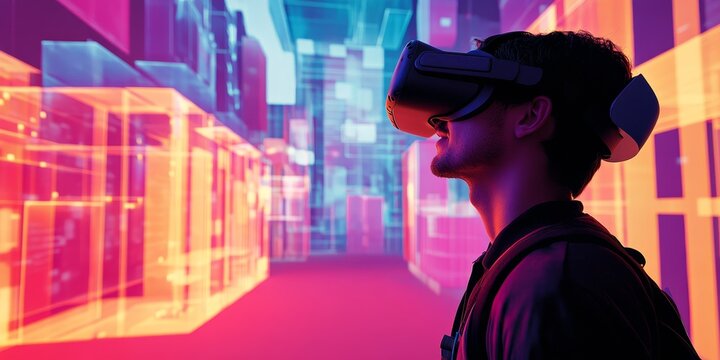 An engaging virtual reality experience with users wearing VR headsets interacting with a vibrant, digital environment, demonstrating the immersive potential of augmented reality