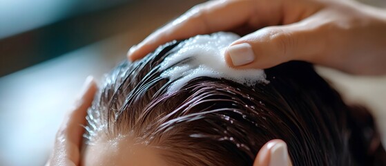 Close up view of a person s hand applying a topical treatment or solution directly to their scalp highlighting the concept of hair loss management and skincare for the head and hair