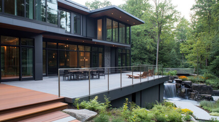 Fototapeta premium Modern cozy house with deck and stainless steel rails by river waterfall