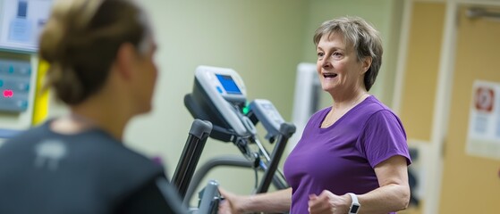 Elderly woman smiling and exercising on treadmill in a cardiac rehabilitation program highlighting post acute care and lifestyle changes for heart failure patients