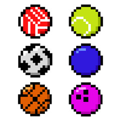 Fototapeta premium Pixel game balls. Colored balls for ennis, soccer, baseball, football, basketball, volleyball. 8-bit retro style vector illustration