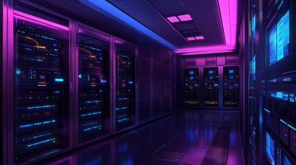 Modern server room with numerous multi-faceted cabinets, blue and purple lighting