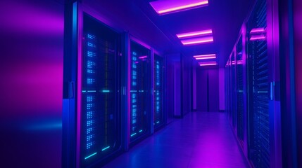 Fototapeta premium Modern server room with numerous multi-faceted cabinets, blue and purple lighting