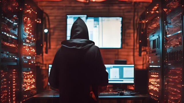 underground company attack computer data hooded splays cables back servers basement breaking cyber shot dark corporate programming everywhere place has multiple hideout hacker atmospher