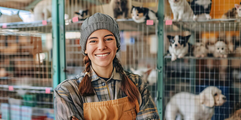Young smiling volunteer posing with her arms crossed in a dog shelter with lots of dogs in cages waiting for adoption