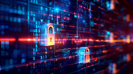 concept of financial data encryption with a visual of encrypted transaction codes, digital locks, and secure data streams