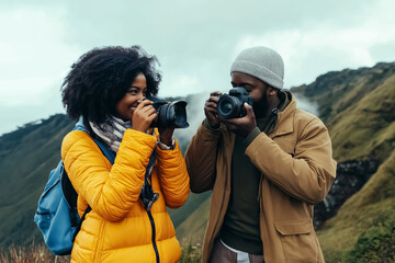 Two photographers smiling while taking pictures on a mountain trip, celebrating world photography day