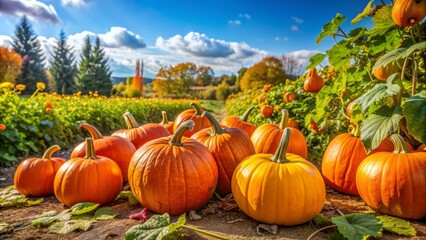 Vibrant orange pumpkins ripen on a sunny autumn day amidst lush green vines and yellowing leaves in a picturesque rural garden landscape.