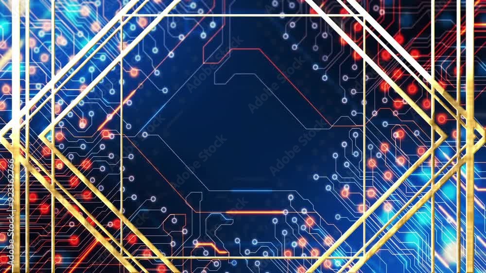 Wall mural animation of glowing lines and circuit board over blue background