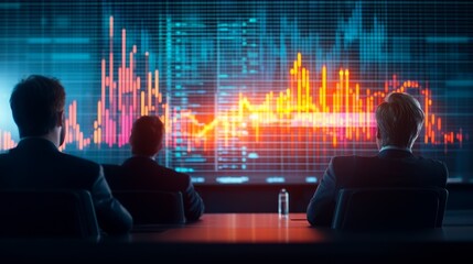 Three professionals analyze financial data on a digital screen, showcasing dynamic charts and graphs in a modern office environment.