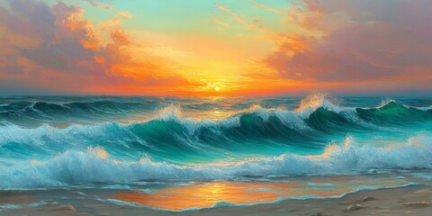 A captivating beach scene with turquoise waters, gentle waves, and a distant horizon where the sun sets in a brilliant display of oranges and pinks
