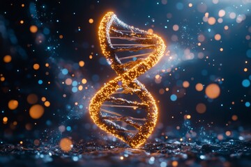 Abstract DNA helix glowing with warm tones, surrounded by vibrant bokeh lights and digital waveforms.