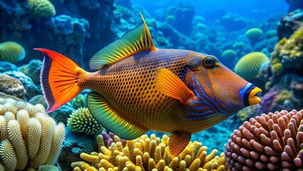 Obraz premium Vibrant orange triggerfish with distinctive 'trigger' mechanism on dorsal fin swims in front of coral reef, showcasing its intricate scales and flowing fins.