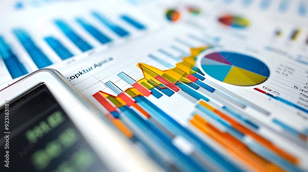 Poster close-up shot of a financial report with colorful charts and graphs depicting business performance a