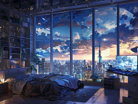 bedroom window with city view at sunset illustration, beautiful lof animei background