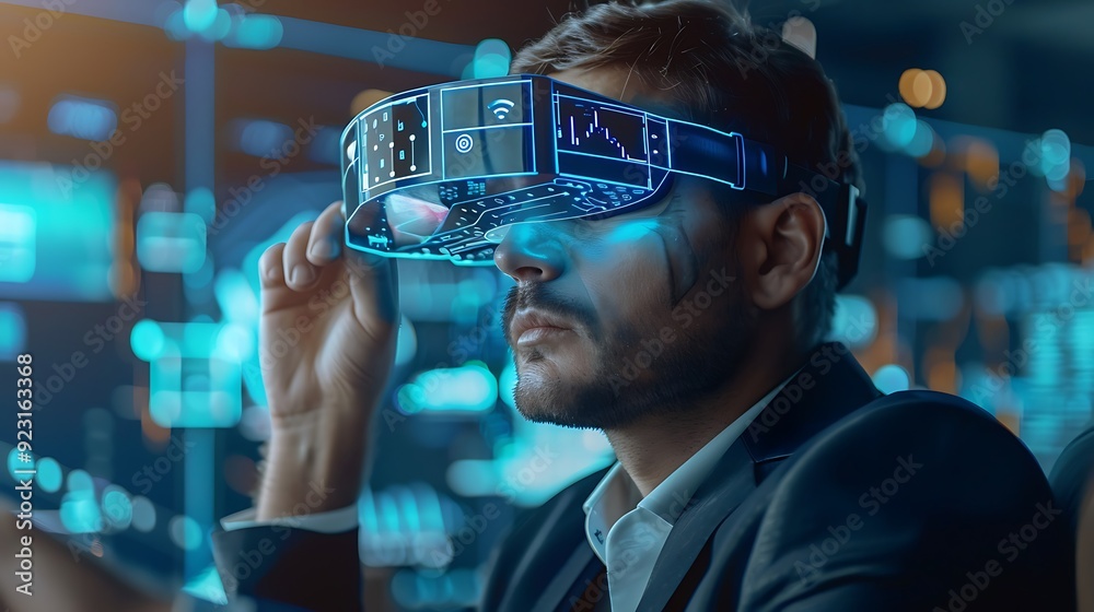 Poster man is wearing a vr headset and looking at a screen. the screen is displaying data and information.