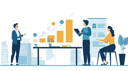 Three professionals discussing growth trends in an office. Charts and data illustrate positive business progress.