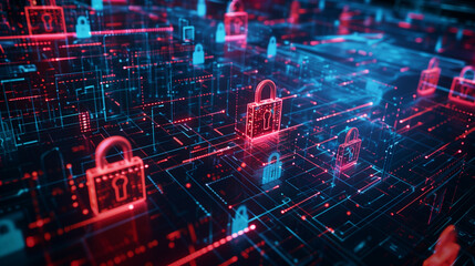 concept of financial data encryption with a visual of encrypted transaction codes, digital locks, and secure data streams