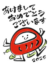 筆書きの可愛いだるまと蛇の年賀状イラスト　2025 和風