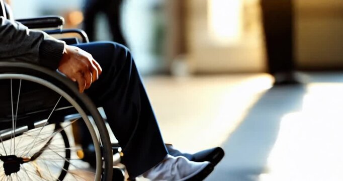 man senior adult elderly in wheelchair with physical disability mobility disorder. concept of disability inclusion, insurance, equipment accessibility. slow motion