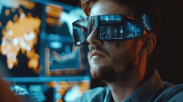 Man wearing futuristic augmented reality glasses, looking intently at the data displayed on the screens.