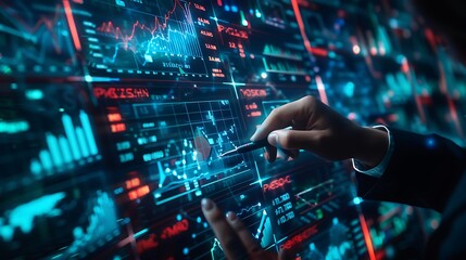 Fototapeta premium Hand pointing to a screen with business data analysis on a screen with a colorful display of charts, graphs, and statistics represents the data driven decisions made in the corporate world.