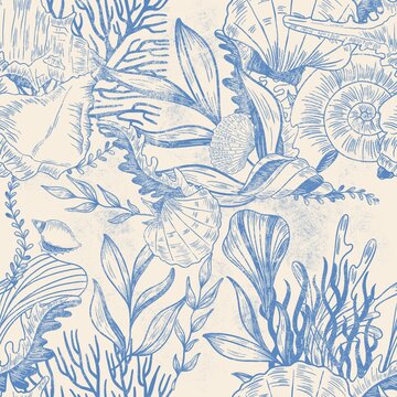 Retro Fabric, Blue Reef Toile Fabric, undersea patterns