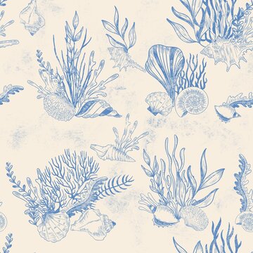 Retro Fabric, Blue Reef Toile Fabric, undersea patterns