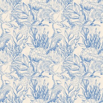 Retro Fabric, Blue Reef Toile Fabric, undersea patterns