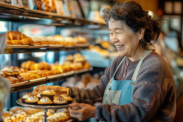 Senior woman working in her bakery is arranging a tray of cupcakes on a display filled with delicious pastries