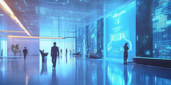 A futuristic bank lobby with customers interacting with holographic screens and AI assistants for efficient banking and financial management services